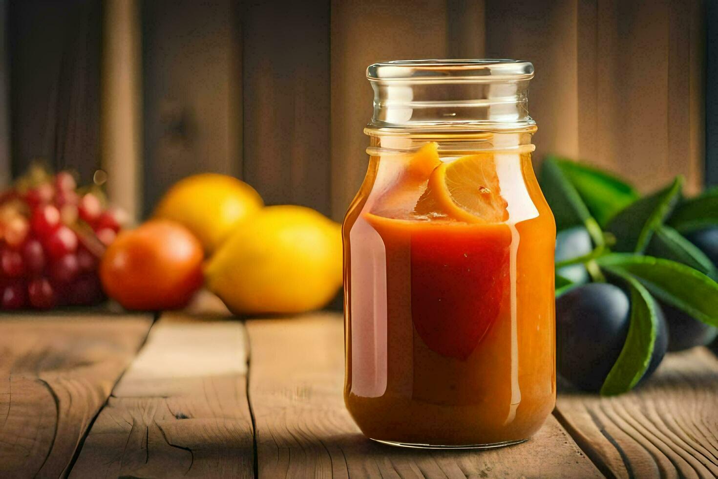 un vaso tarro lleno con naranja jugo en un de madera mesa. generado por ai foto