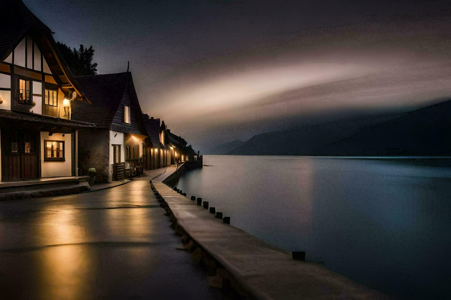 un largo exposición fotografía de un casa en el apuntalar de un lago. generado por ai foto