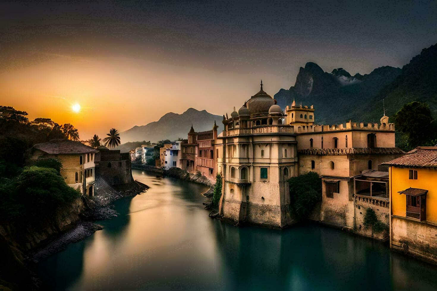 the sun sets over a river in italy. AI-Generated photo