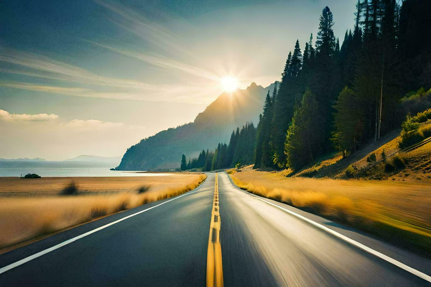 a long road with trees and mountains in the background. AI-Generated photo