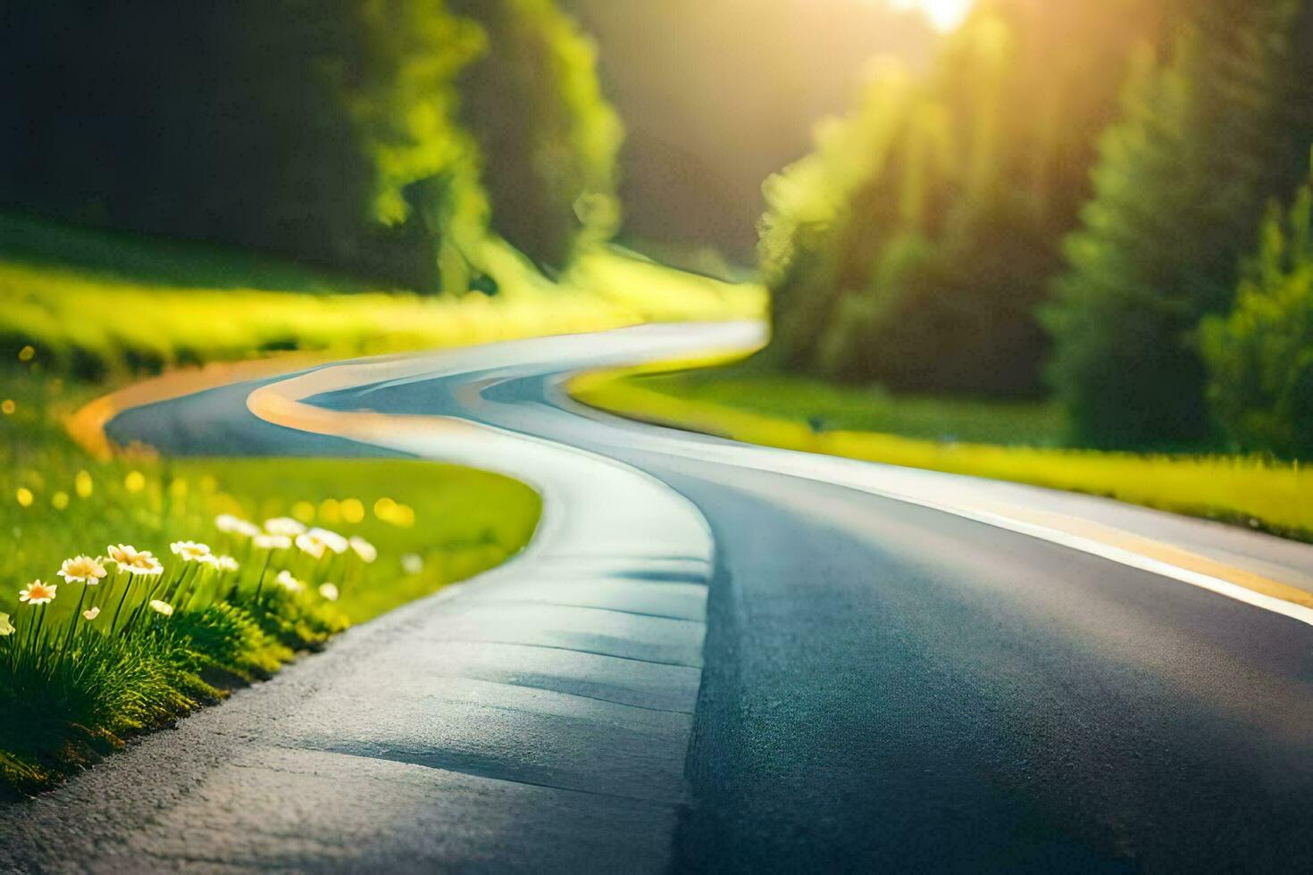 a winding road in the middle of a forest. AI-Generated photo