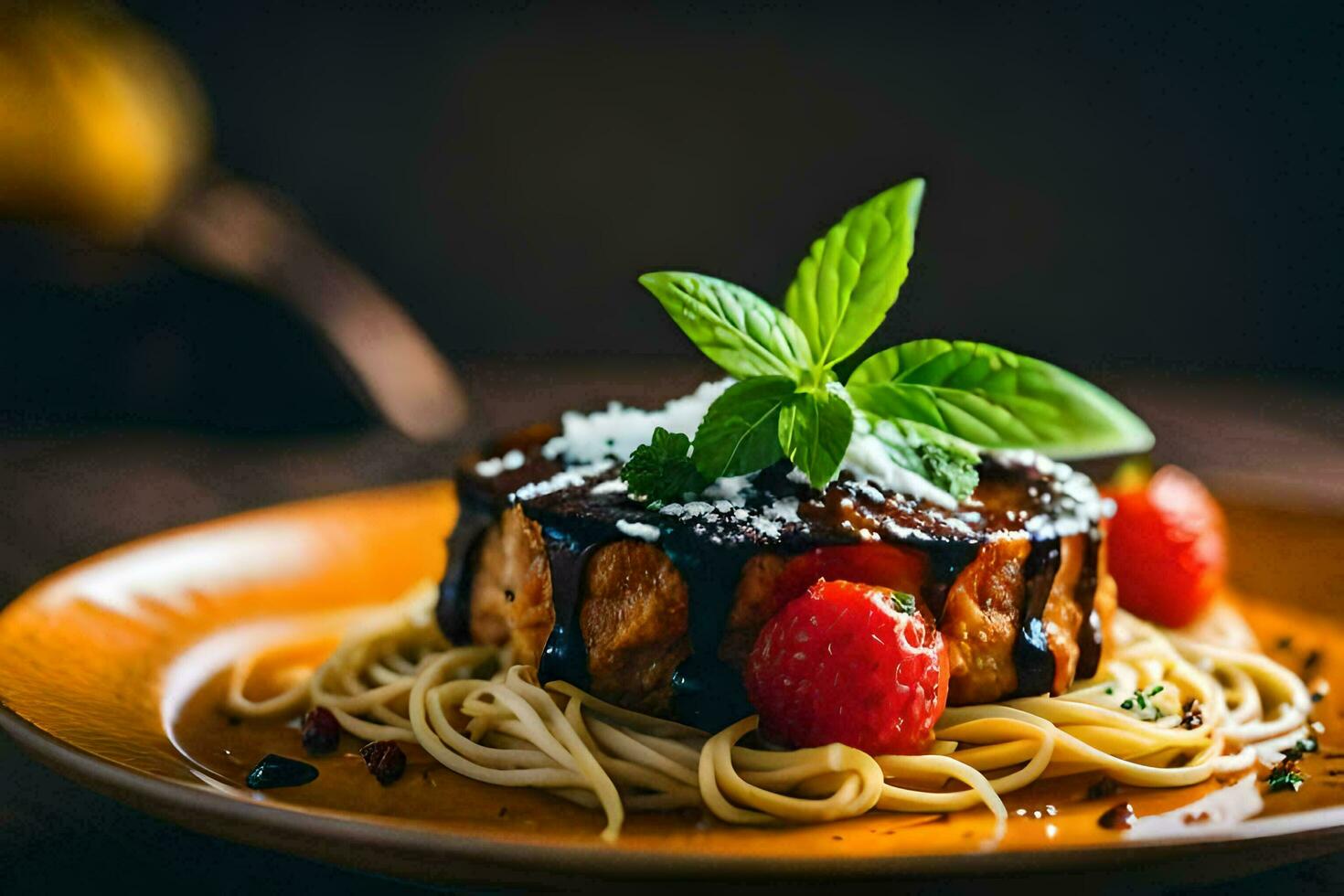 a plate of spaghetti with meat and berries. AI-Generated photo