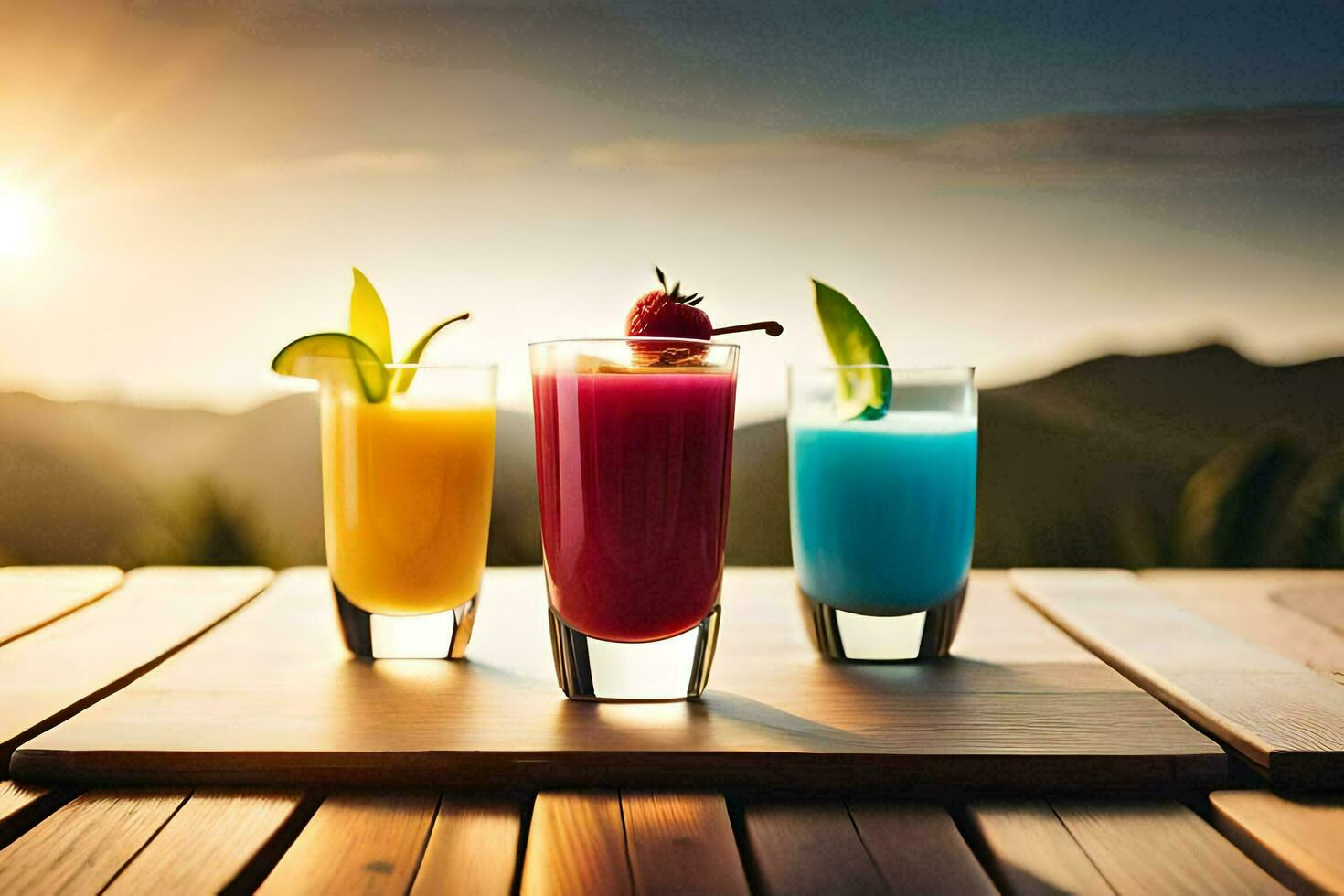 three colorful drinks on a wooden table. AI-Generated photo