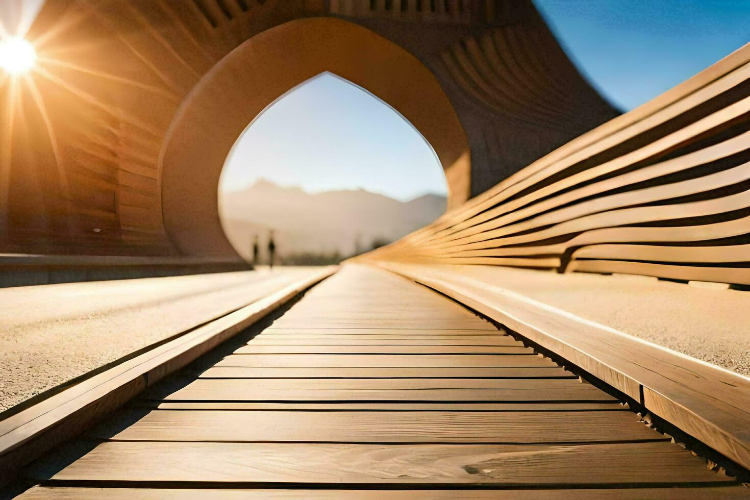 a wooden bridge with a sun shining through it. AI-Generated photo