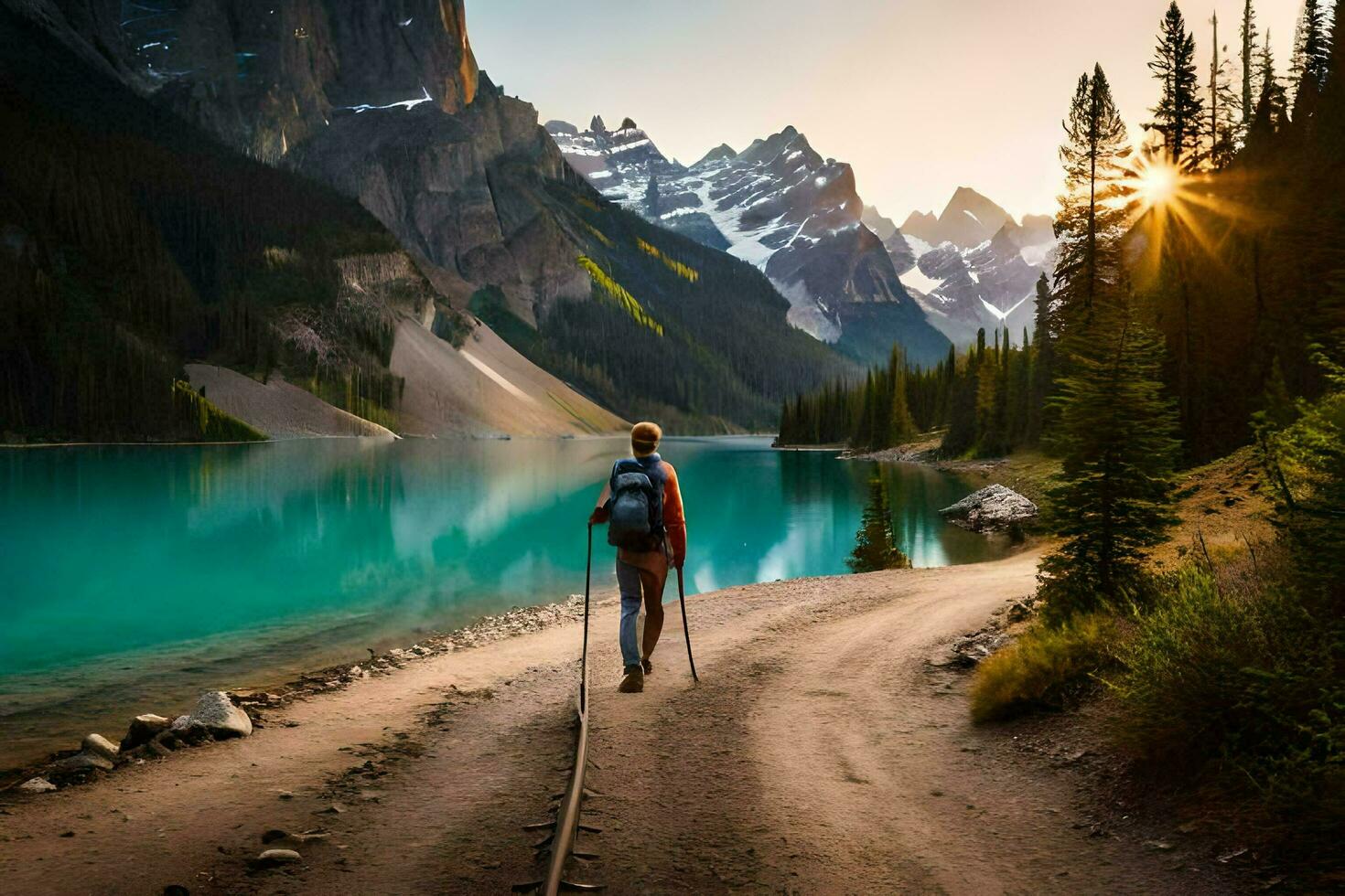 a woman with a backpack walks along a path near a lake. AI-Generated photo