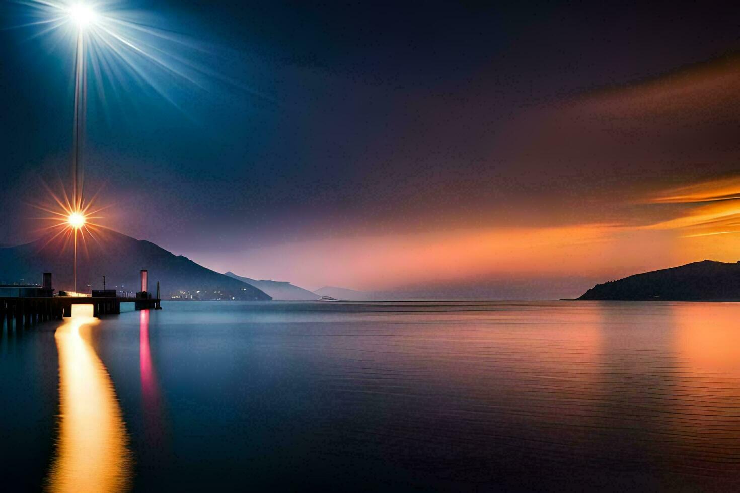 the sun shines brightly over the water and a lighthouse. AI-Generated photo