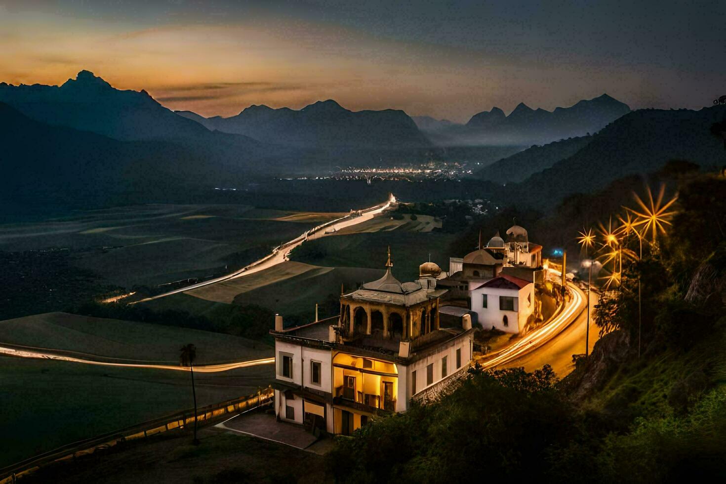 a church and a mountain at dusk. AI-Generated photo