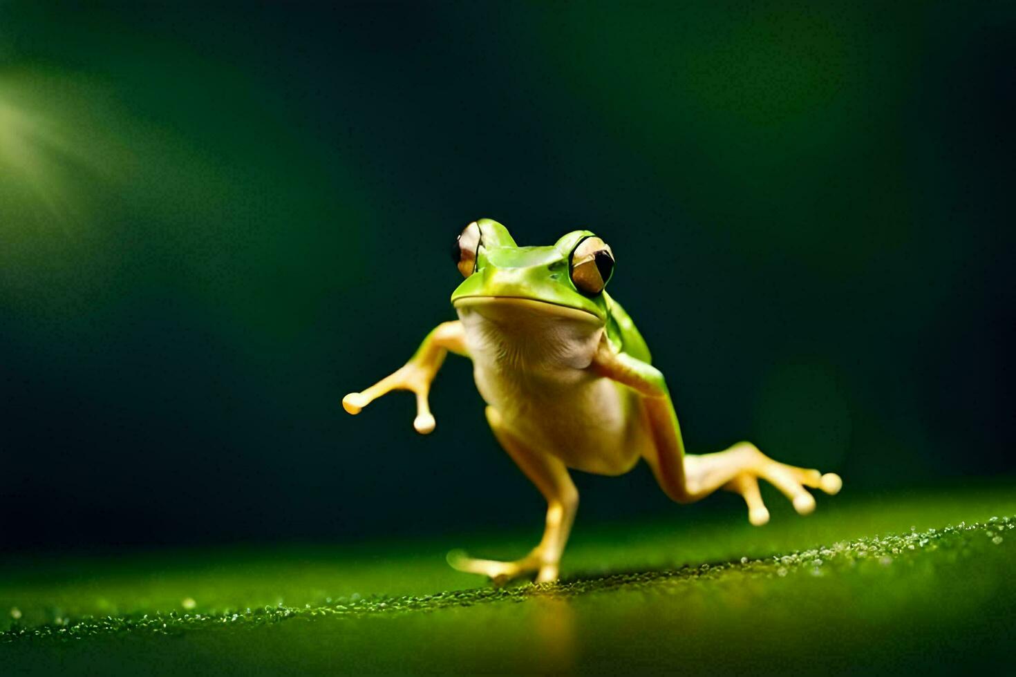 un rana es en pie en sus posterior piernas en un verde antecedentes. generado por ai foto