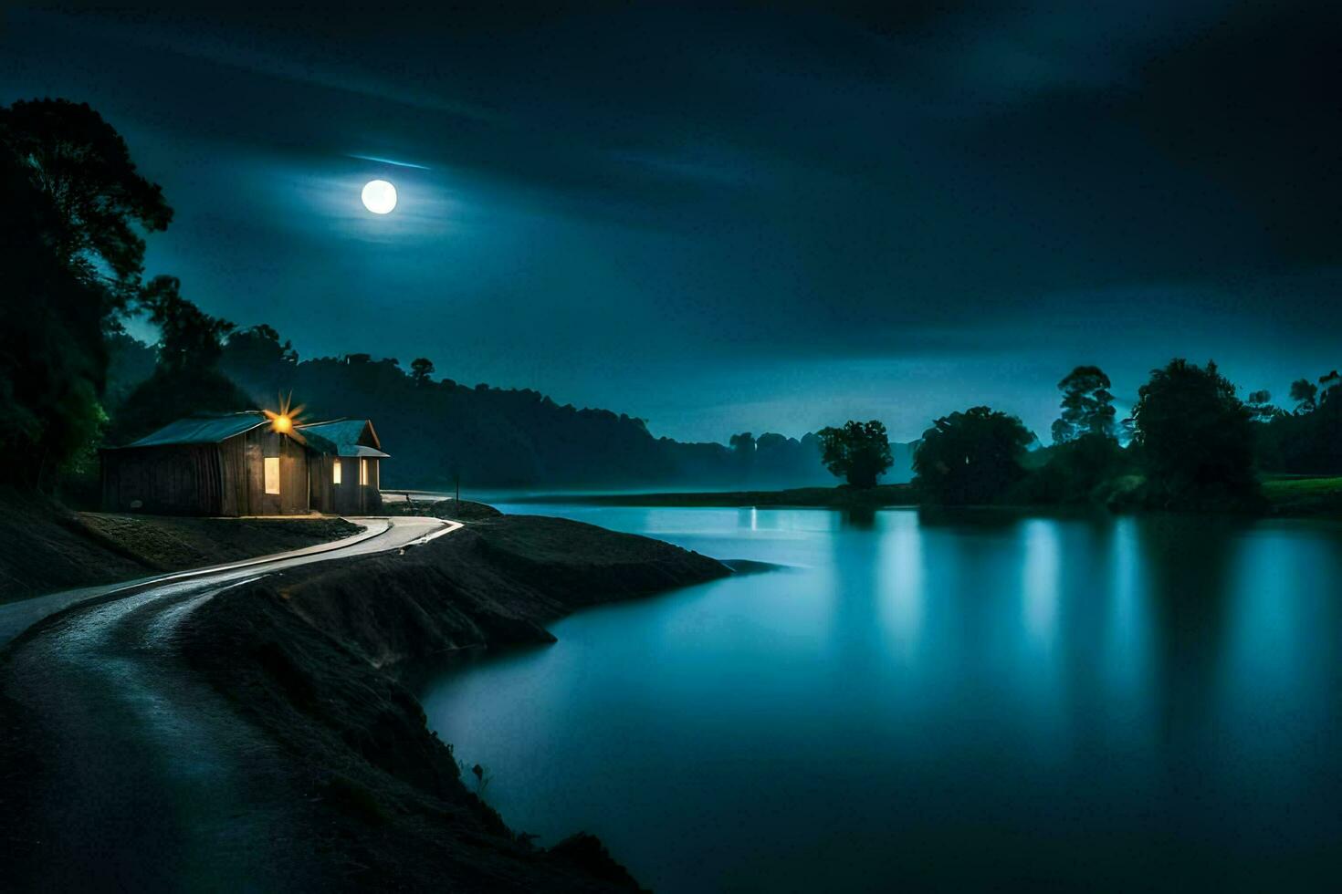 a house sits on the shore of a lake at night. AI-Generated photo