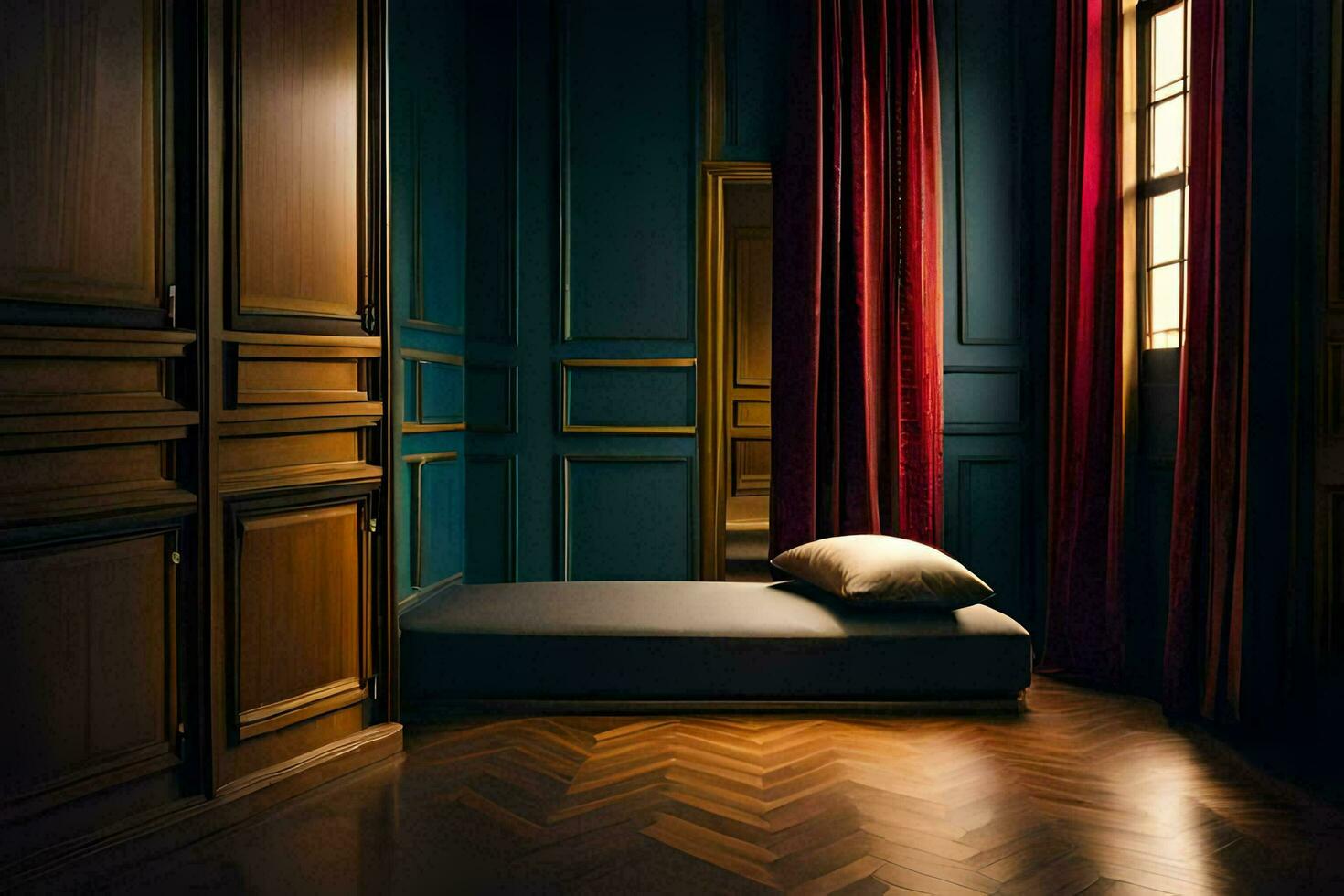 a room with blue walls and red curtains. AI-Generated photo