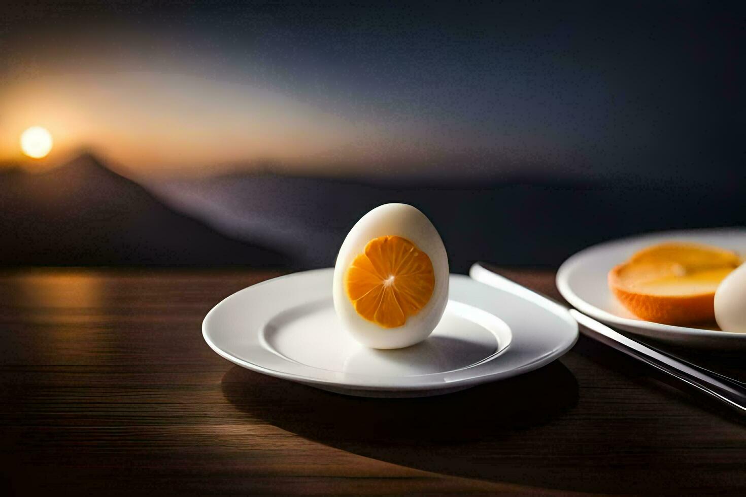 a plate with an orange and a knife on it. AI-Generated photo