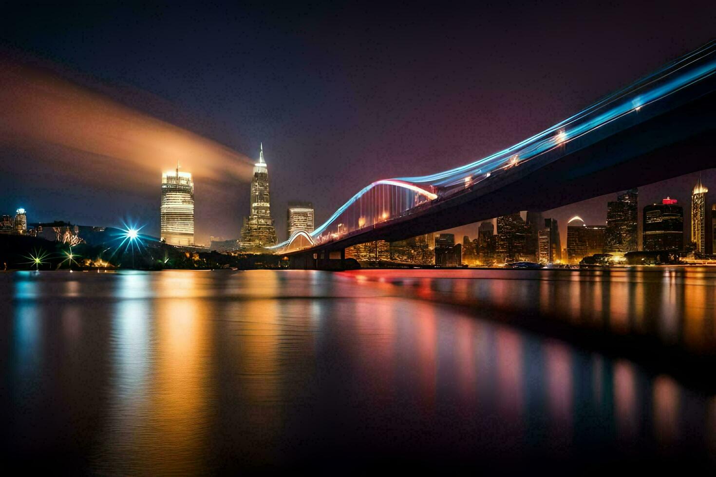 the city skyline at night with lights on the bridge. AI-Generated photo