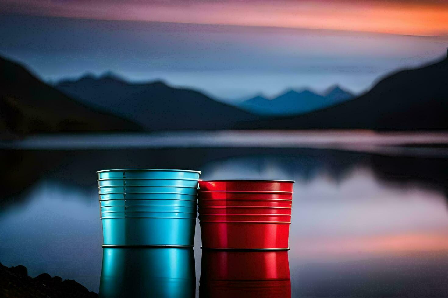 two red and blue cups sitting on the edge of a lake. AI-Generated photo