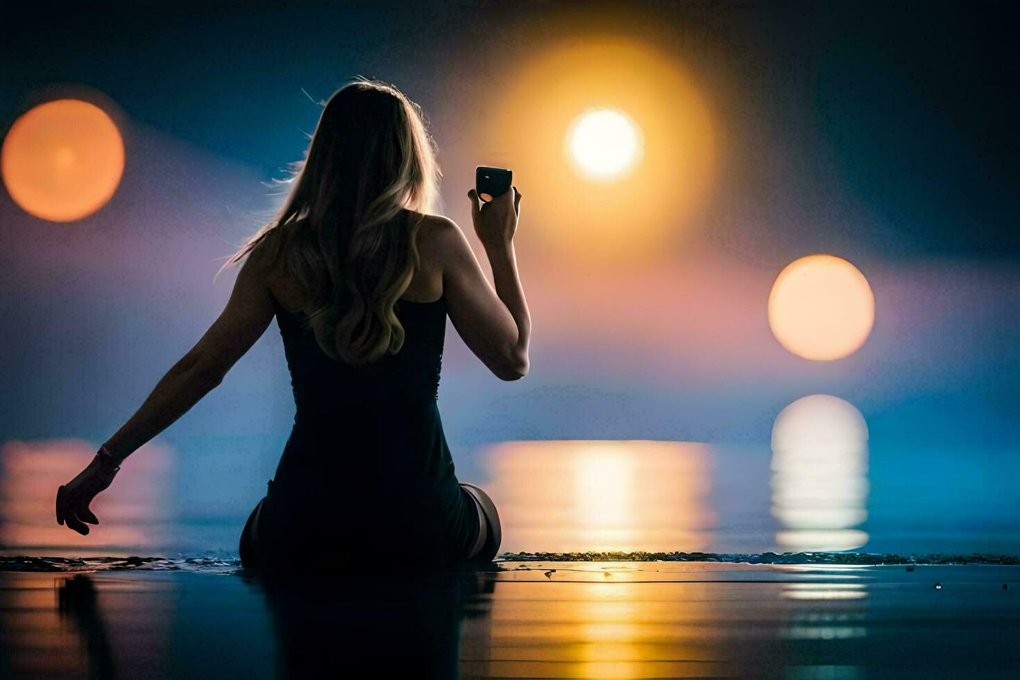 a woman sitting on the beach at night with her phone. AI-Generated photo