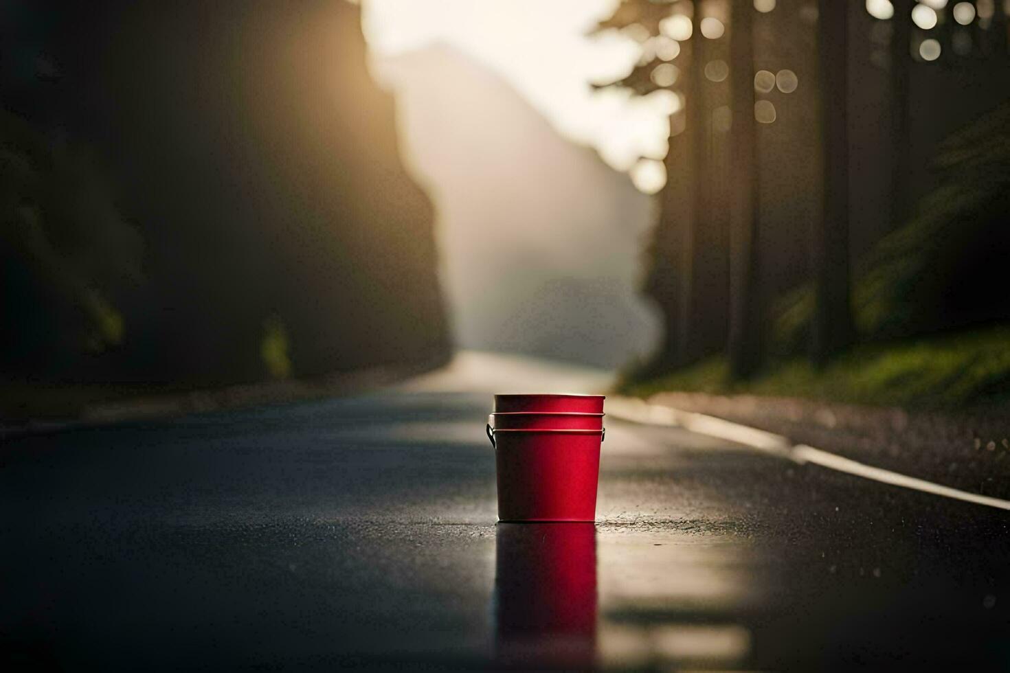 a red bucket sits on the side of a road. AI-Generated photo