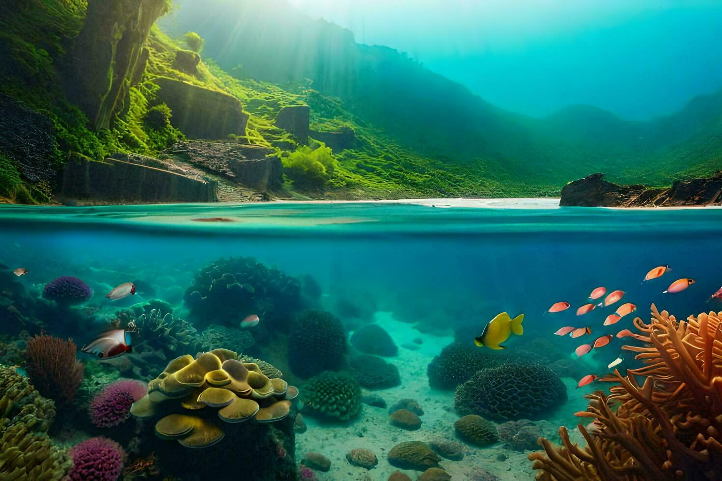 a beautiful underwater scene with coral reefs and fish. AI-Generated photo