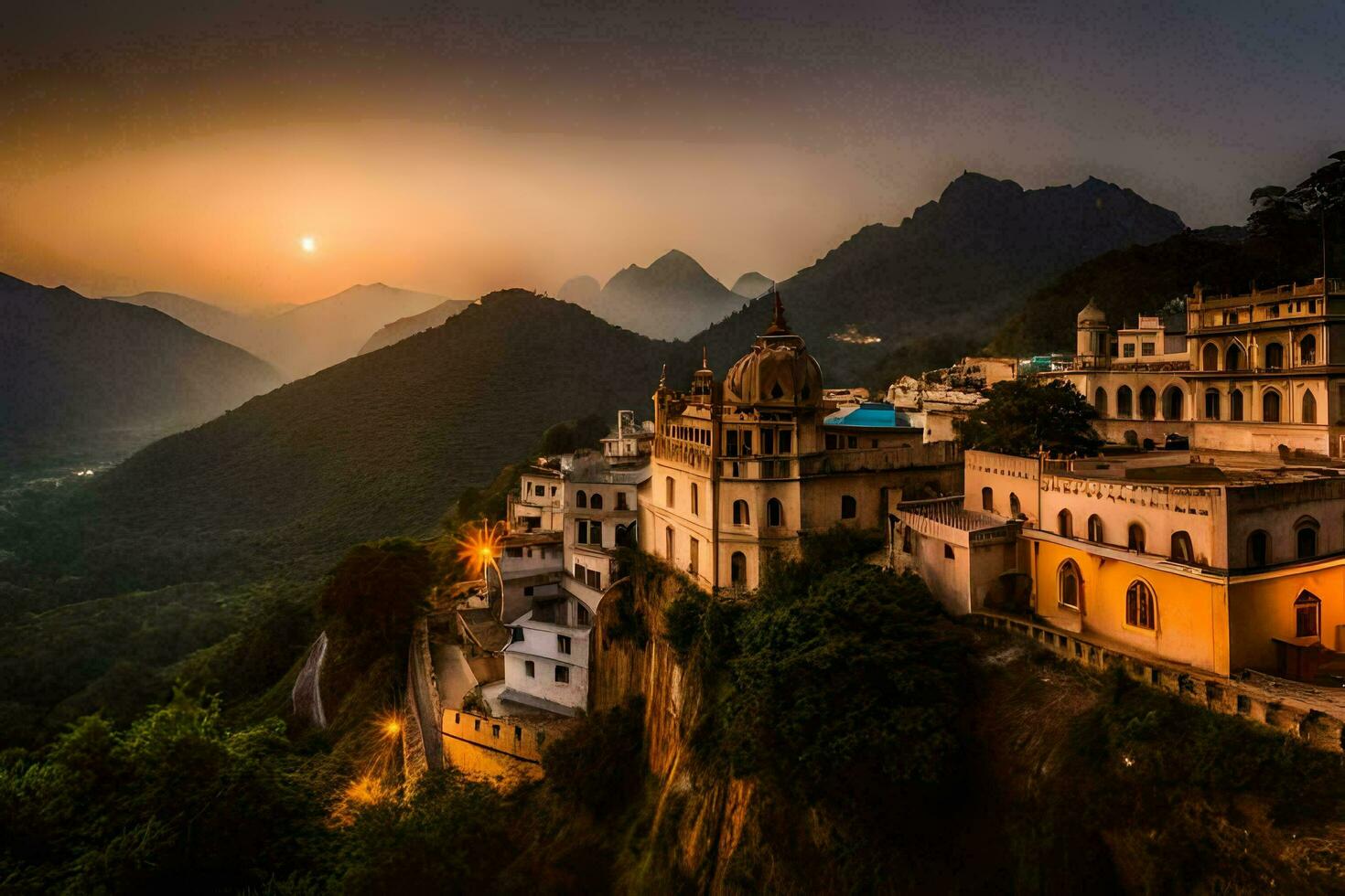 foto fondo de pantalla el cielo, montañas, atardecer, el ciudad, India, el ciudad de Indiana. generado por ai