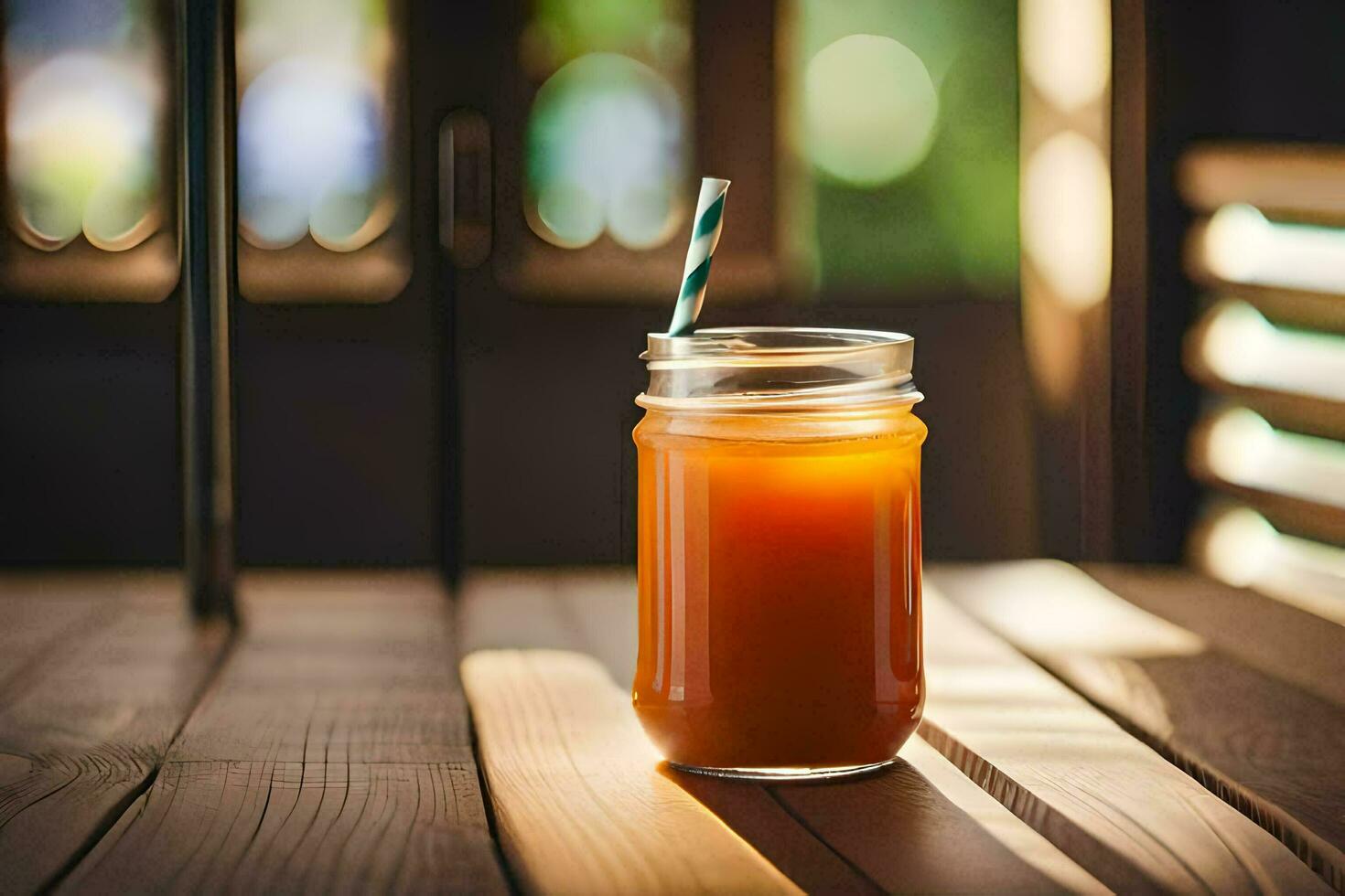 a glass jar with orange juice sitting on a wooden table. AI-Generated photo