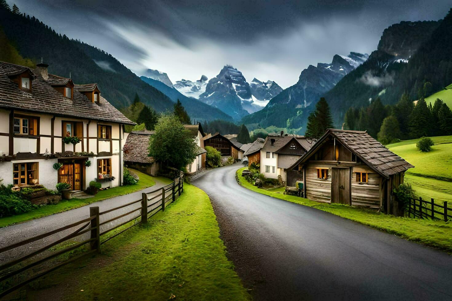 photo wallpaper the sky, mountains, road, houses, trees, road, village, road,. AI-Generated