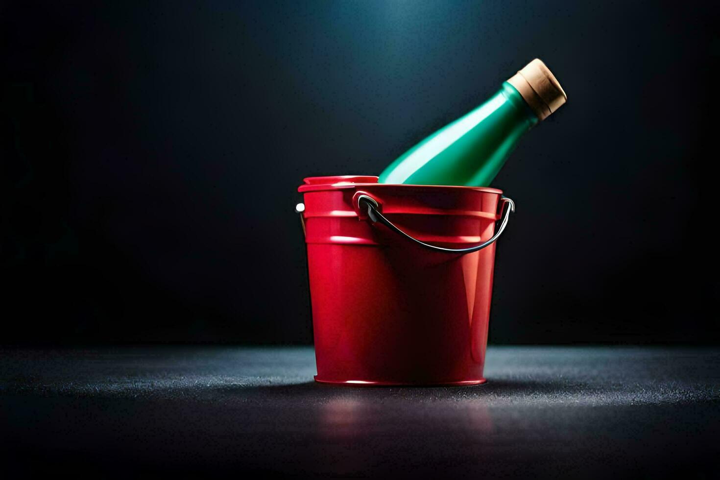 a red bucket with a green bottle inside. AI-Generated photo