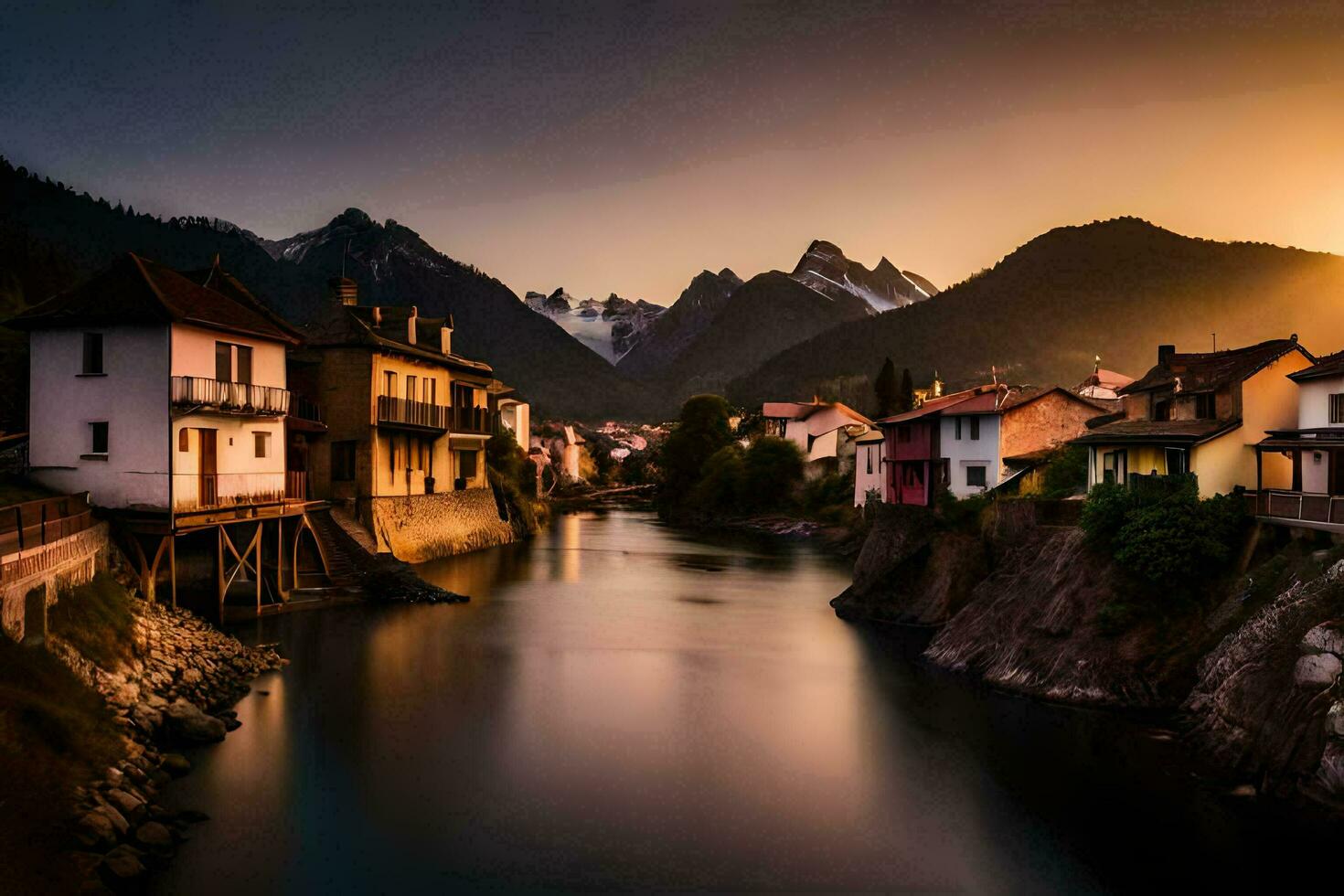 photo wallpaper the sky, mountains, river, houses, the sun, the mountains, the river. AI-Generated