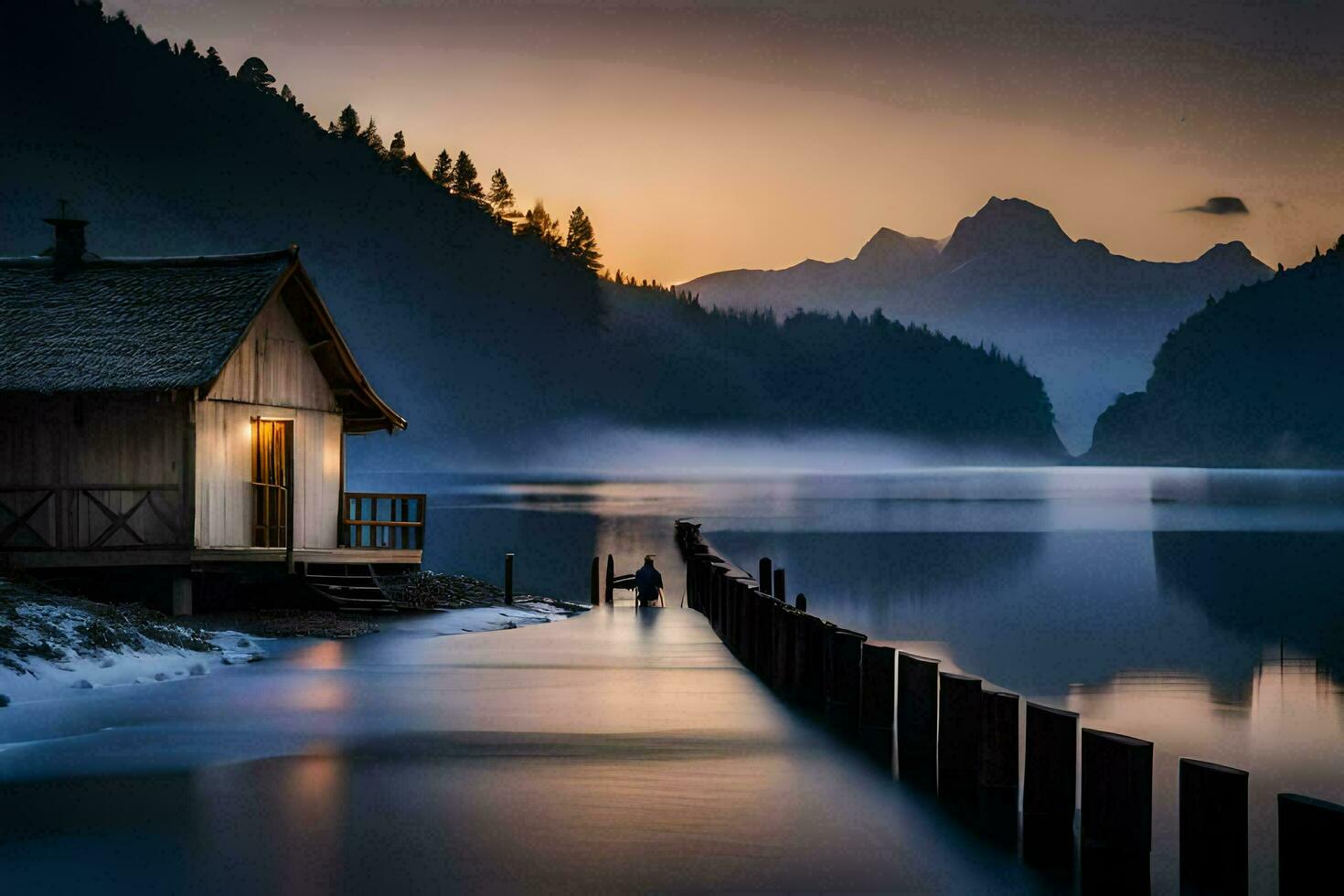 the cabin in the mist. AI-Generated photo