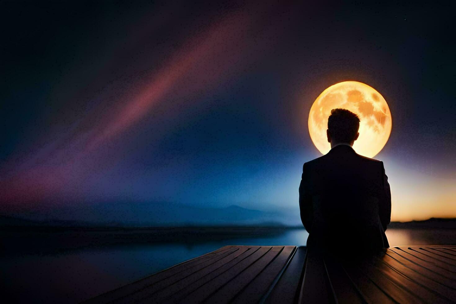 un hombre sentado en un muelle mirando a el lleno Luna. generado por ai foto