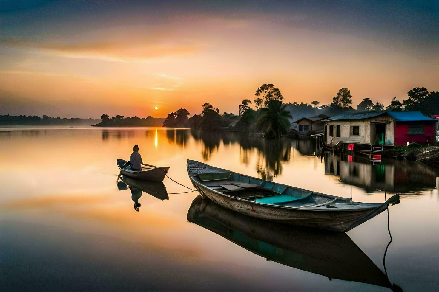 two boats are floating in the water at sunset. AI-Generated photo