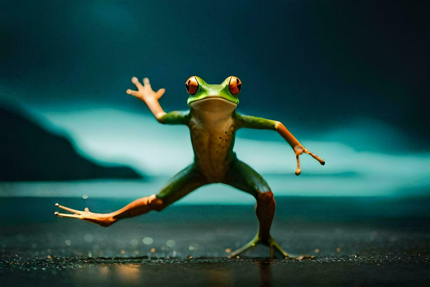 a frog is standing on its hind legs and is holding its arms out. AI-Generated photo