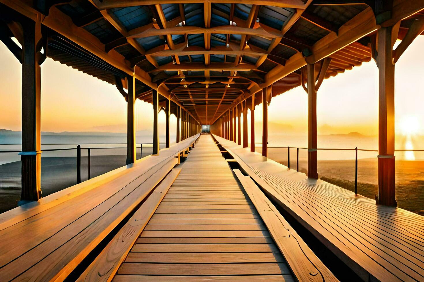 a long wooden walkway leads to the beach at sunset. AI-Generated photo