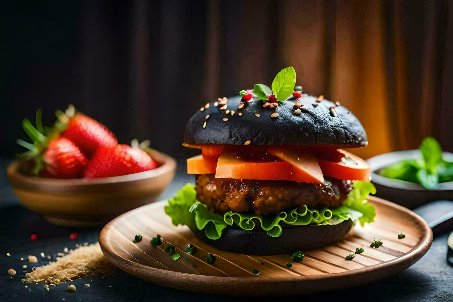 a hamburger with tomatoes and lettuce on a wooden plate. AI-Generated photo