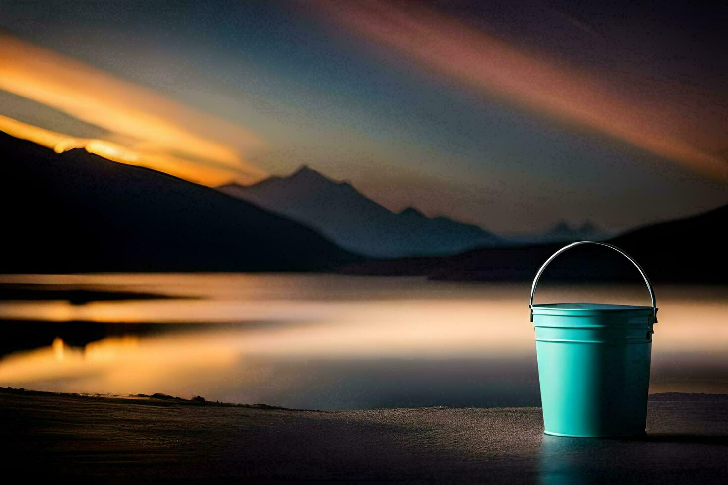 a blue bucket sits on the ground near a lake. AI-Generated photo