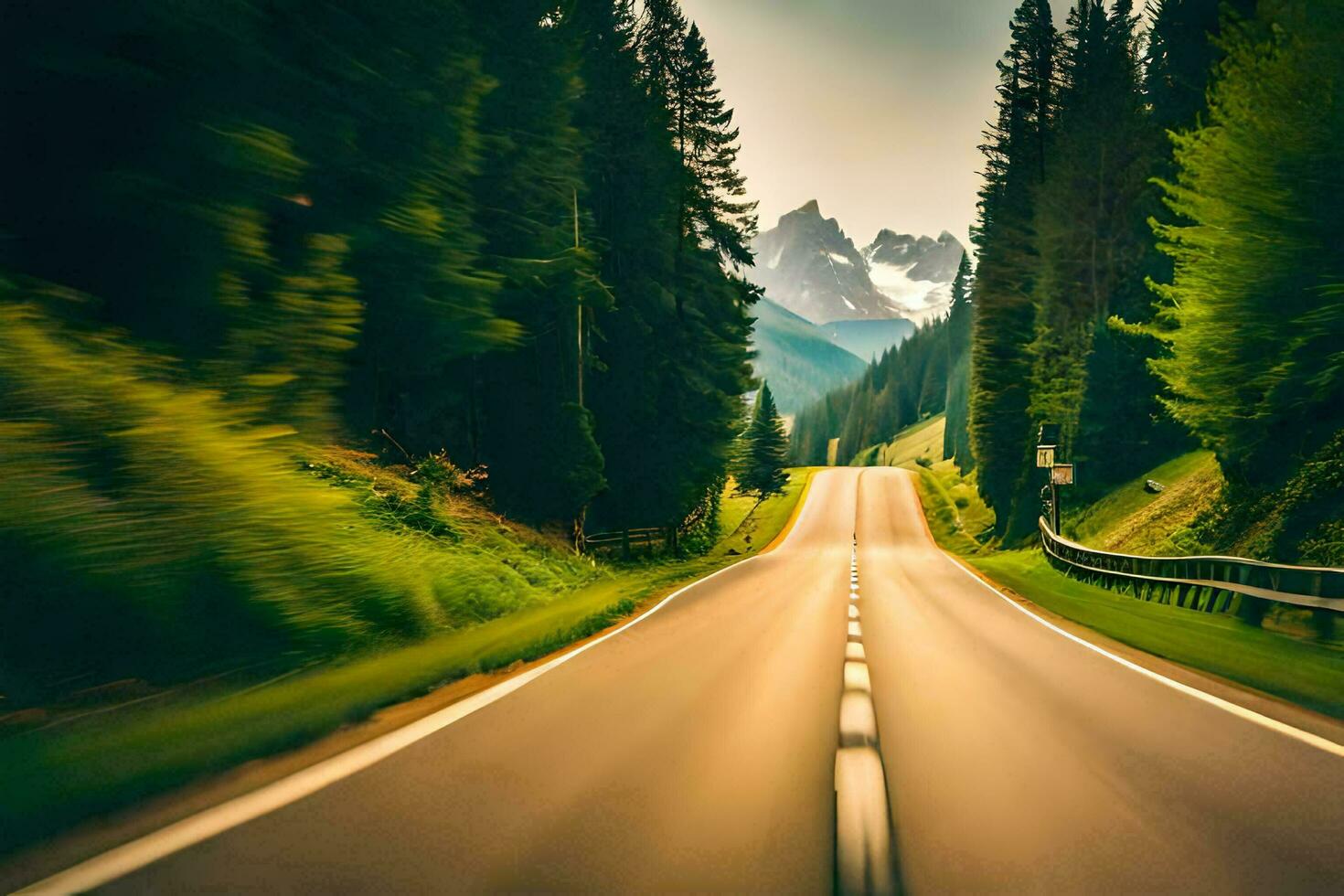 a road in the mountains with trees and mountains in the background. AI-Generated photo