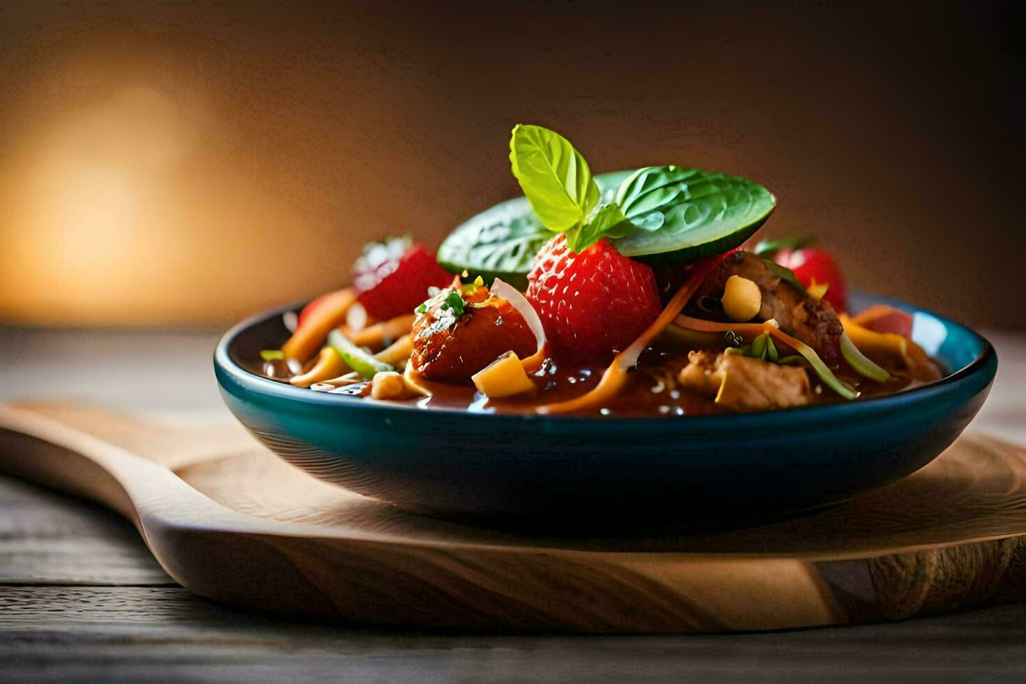 a bowl of food with strawberries and noodles. AI-Generated photo