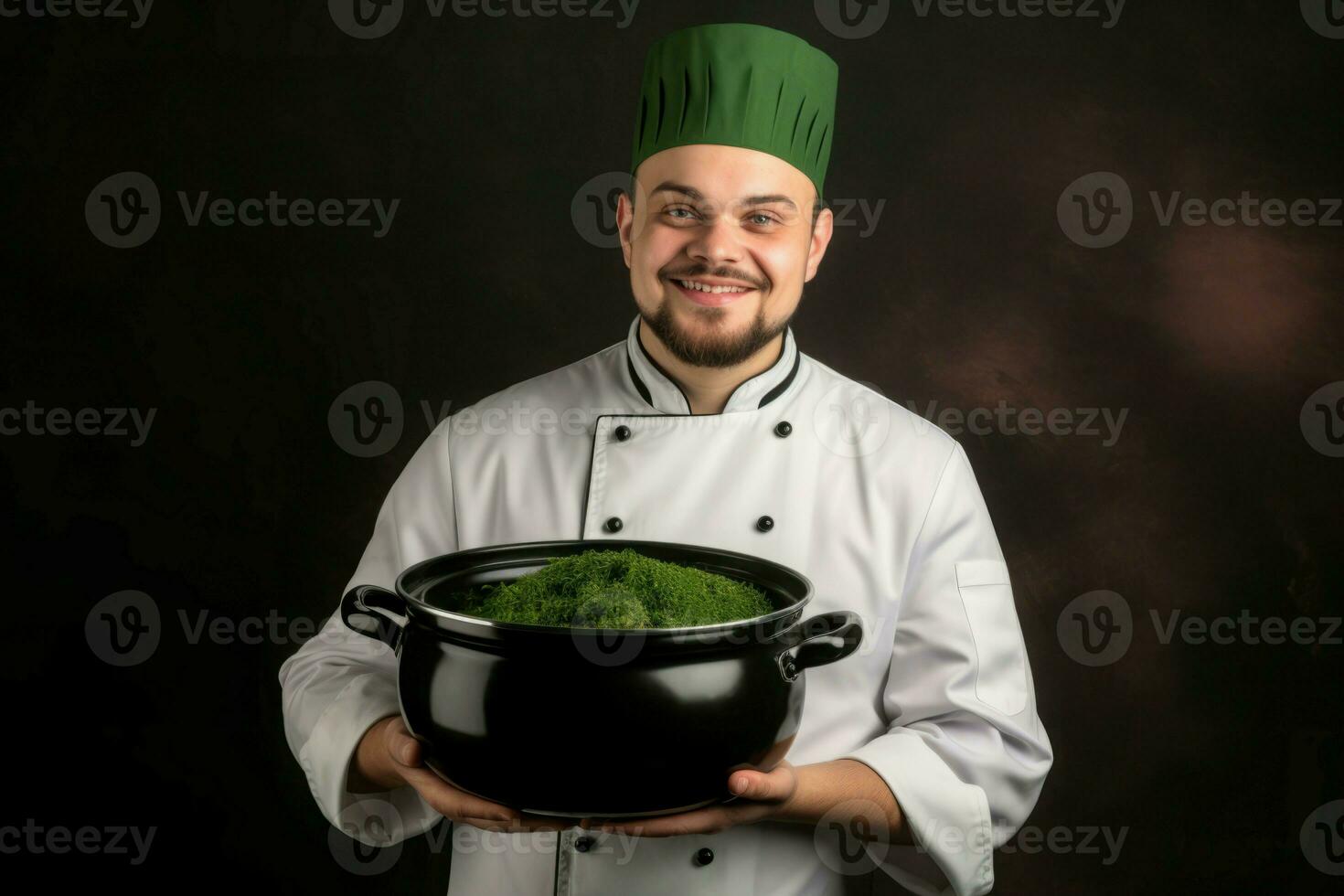 Smiling male chef with full cooking pot. Generate ai photo