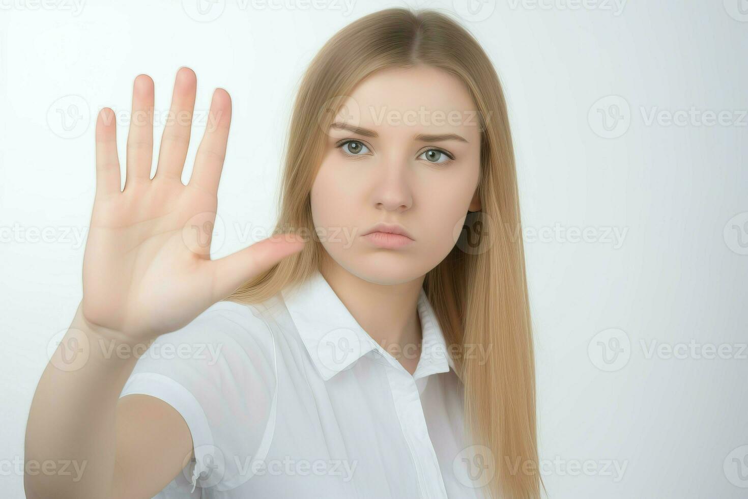 Serious woman making stop hand gesture. Generate ai photo