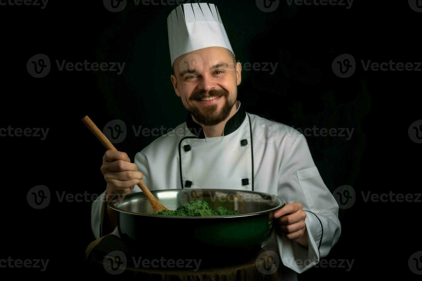 masculino cocinero mezcla comida en Cocinando maceta. generar ai foto