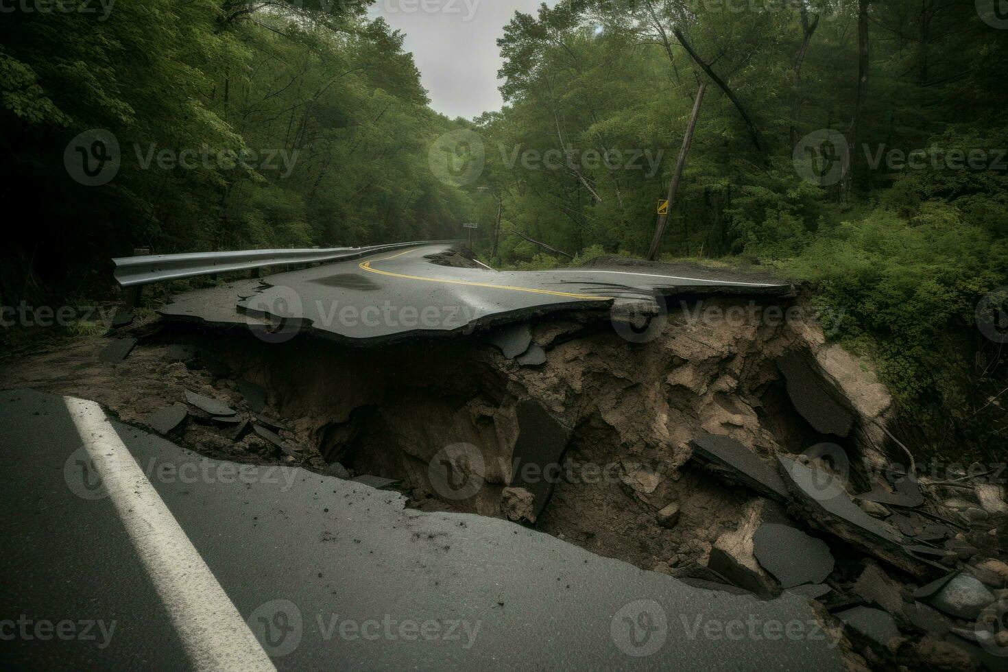 Destroyed road asphalt mountains. Generate Ai photo