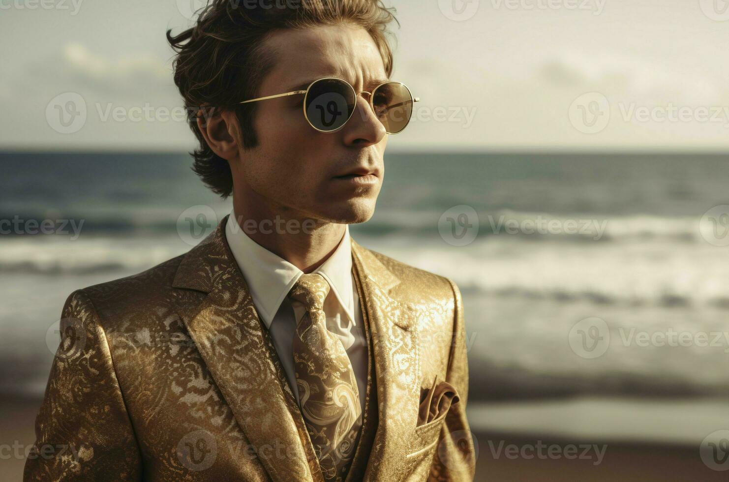 Man wearing glowing beige suit on seashore beach. Generate ai photo