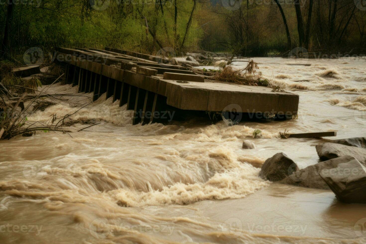 River bridge destroyed by water flood. Generate Ai photo