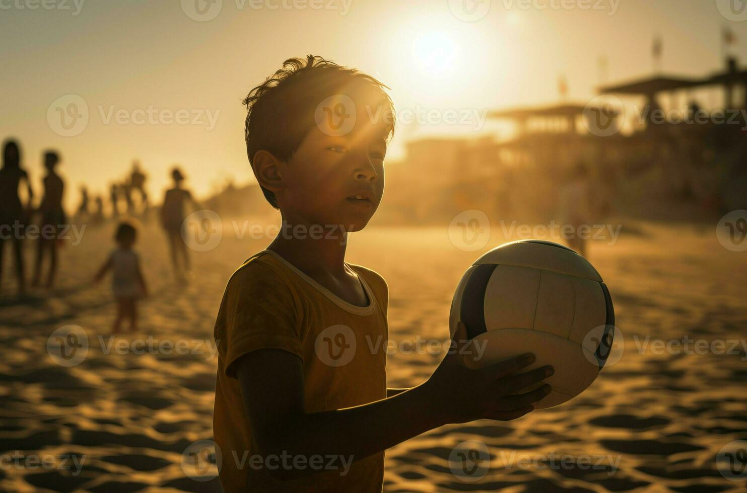 playa vóleibol chico a puesta de sol. generar ai foto