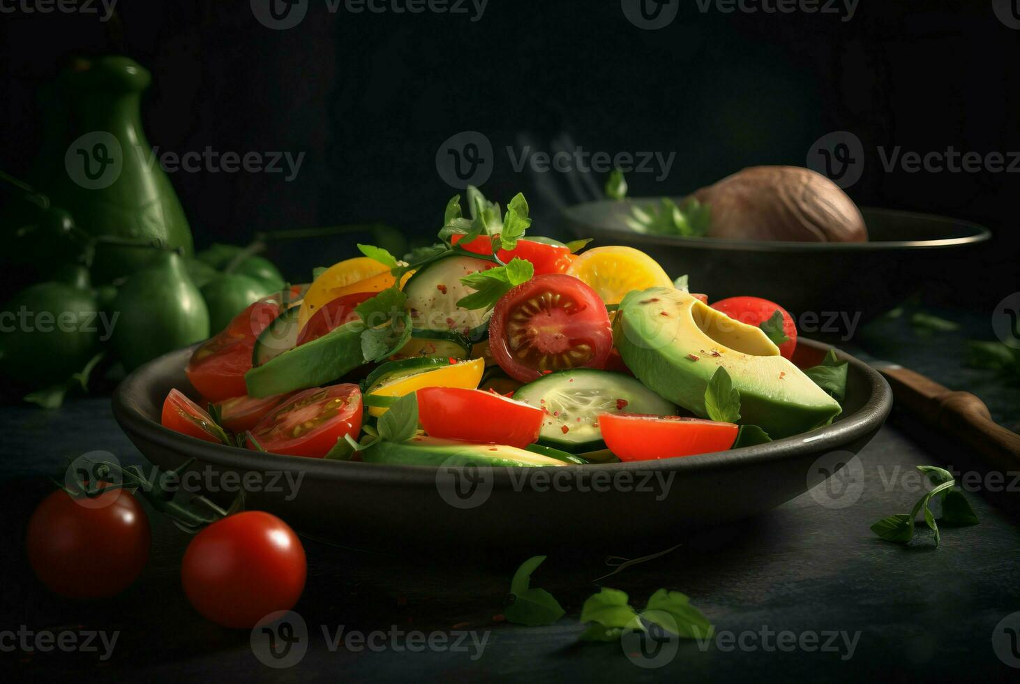 Tomato cucumber avocado salad studio photo. Generate Ai photo