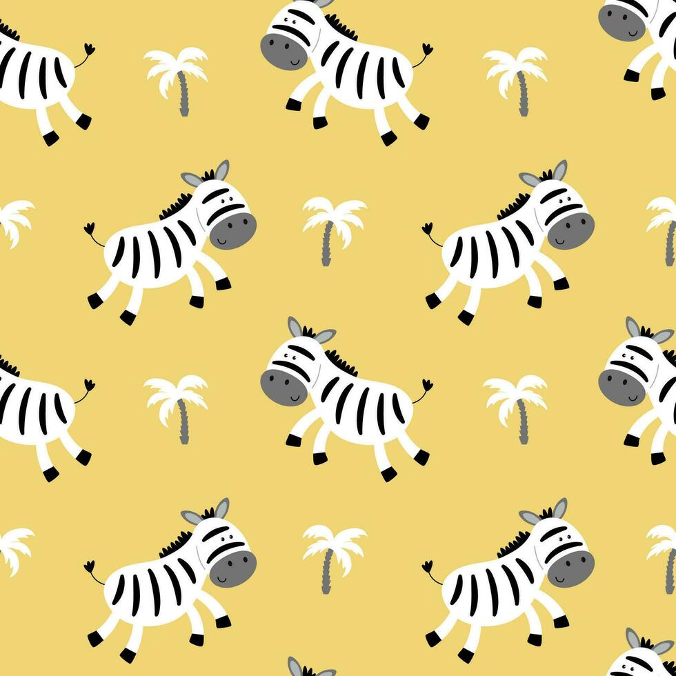 Zebras and palms tree hand drawn. Colorful seamless pattern with animals. Decorative cute wallpaper, good for printing. vector