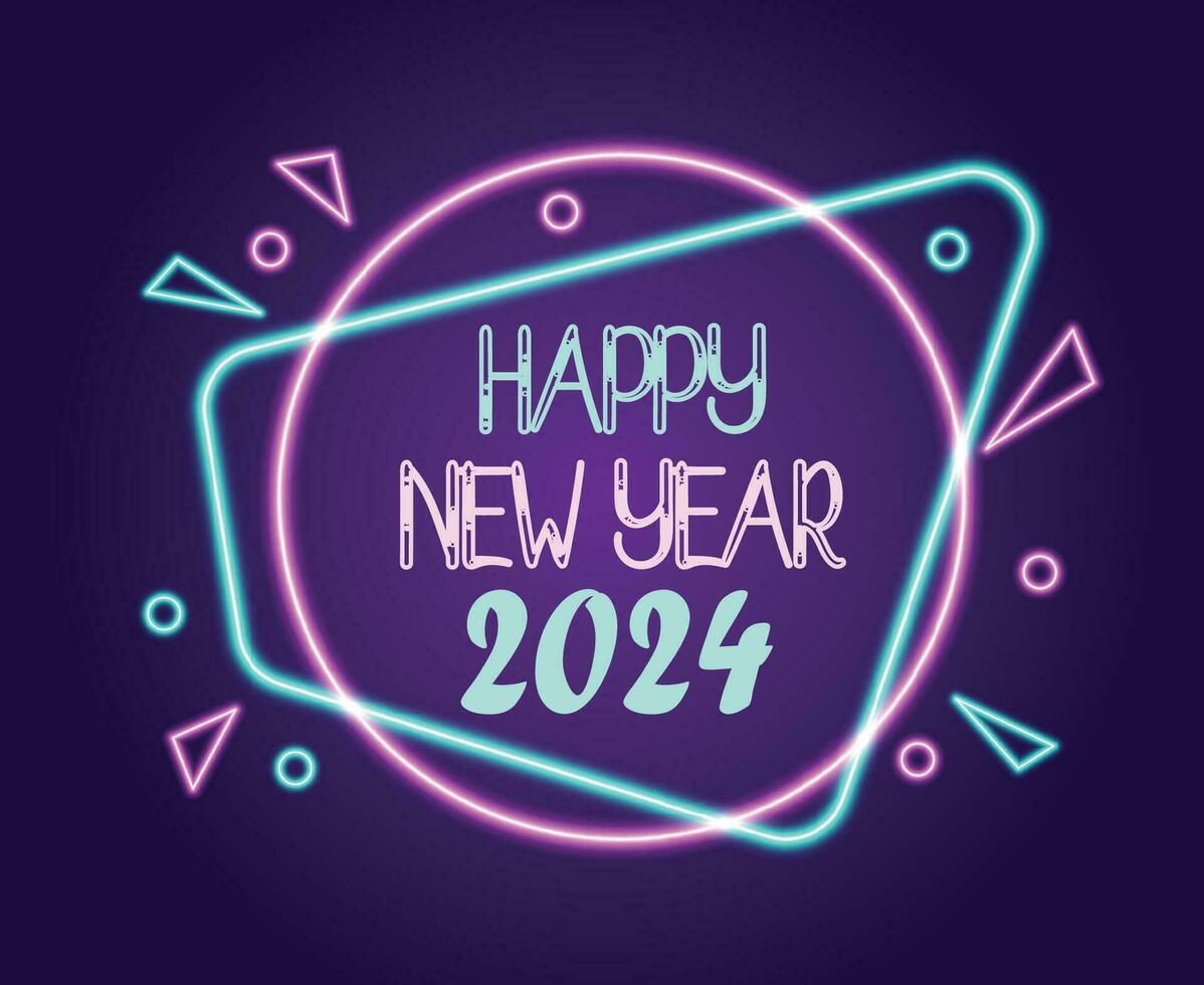 Happy New Year 2024 Holiday Design Neon Abstract Vector Logo Symbol Illustration With Purple Background