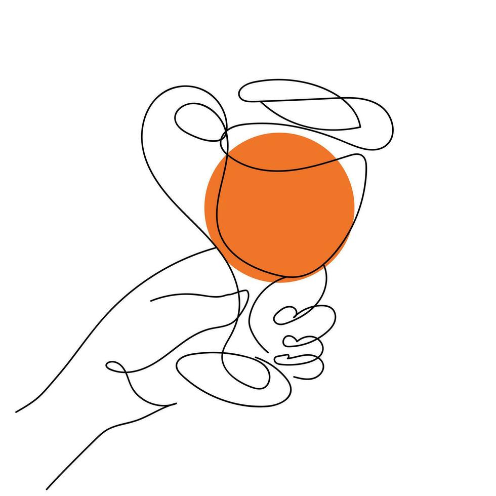 Hand holds a glass with a drink. Continuous one line drawing. Orange alcoholic drink, tropical cocktail, fruit juice. Toast, congratulations, cheers. Celebration, party. Vector isolated on white.