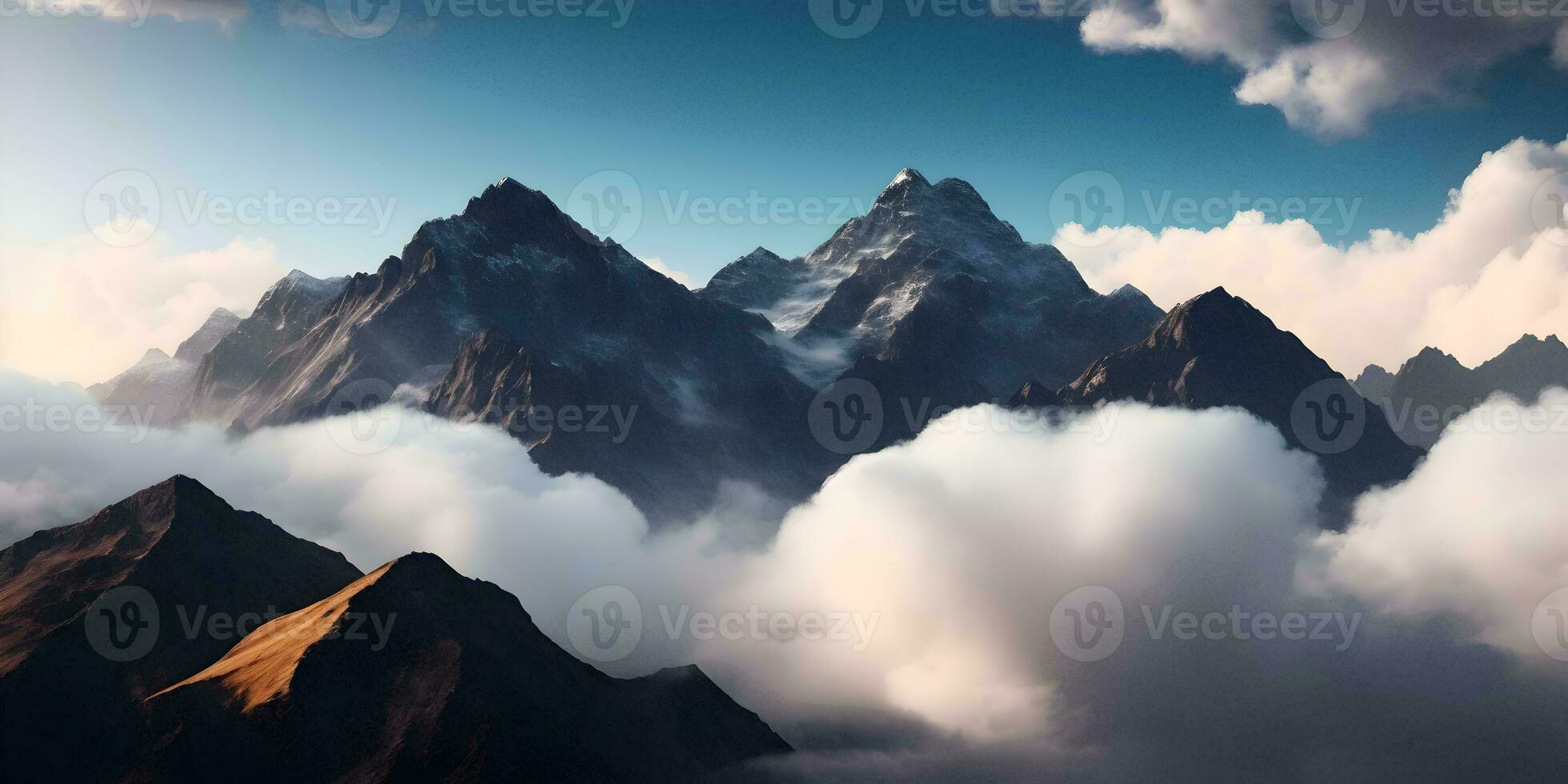 Mountain view with white clouds below mountain peak. Forest at mountain slopes. AI Generated photo