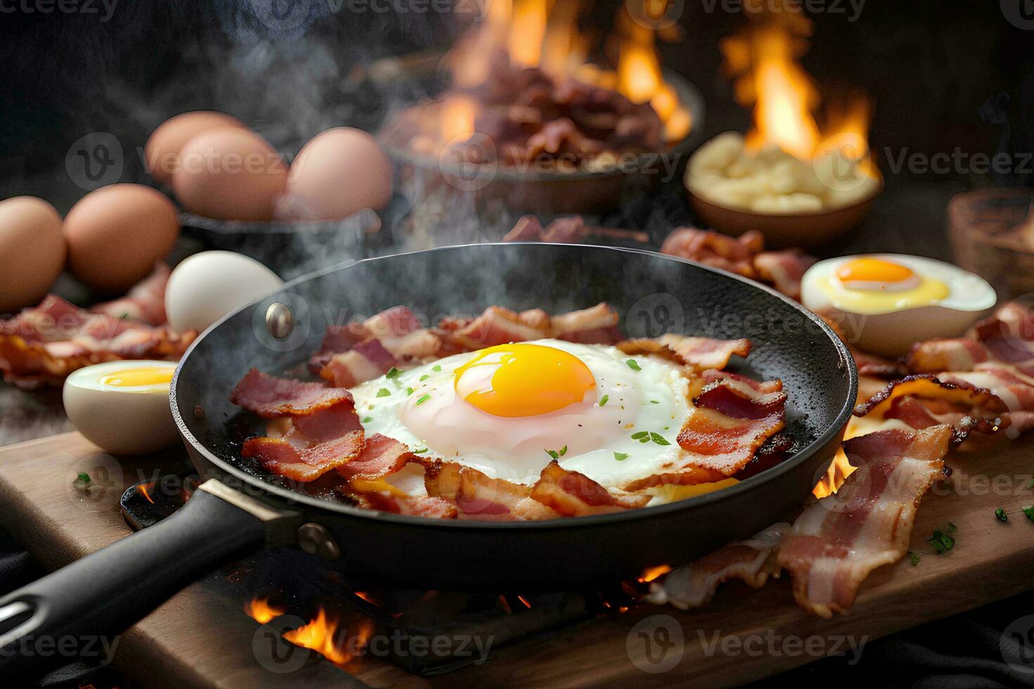 delicioso tocino y huevos cocido en un fritura cacerola. ai generado foto