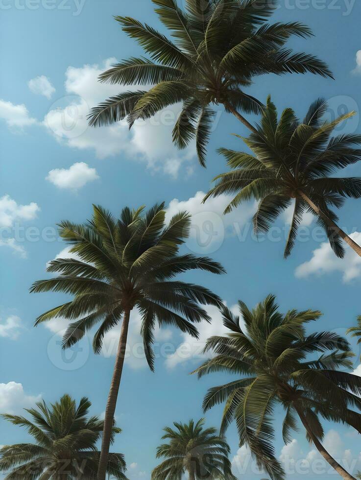 verde Coco palma arboles debajo azul cielo con nubes ai generado foto