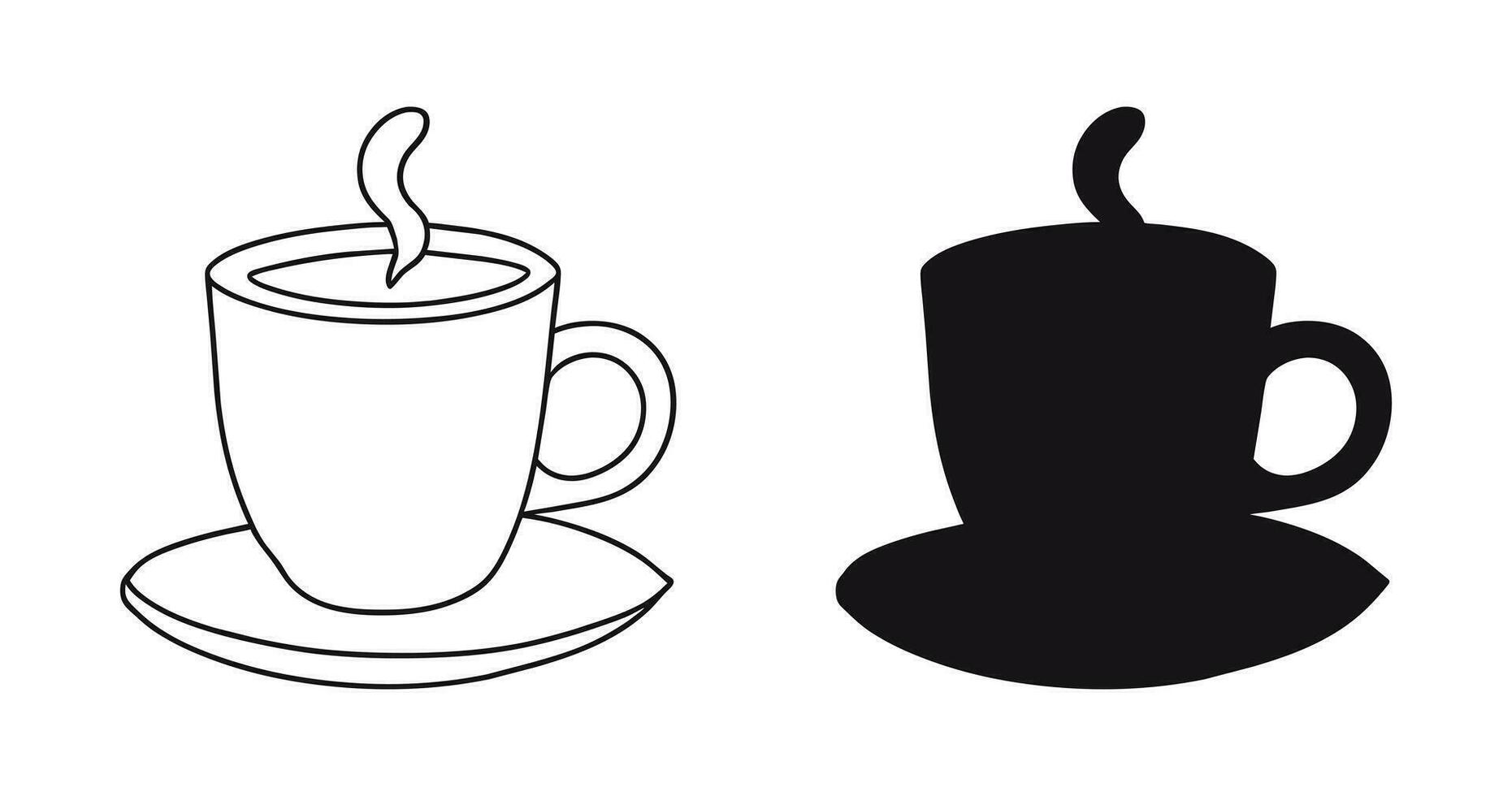 A mug of hot drink, tea, coffee, cappuccino, hot chocolate. Cup with handle on saucer with steam. Drinkware. Silhouette and outline illustration. Black and white vector isolated on white. Icon