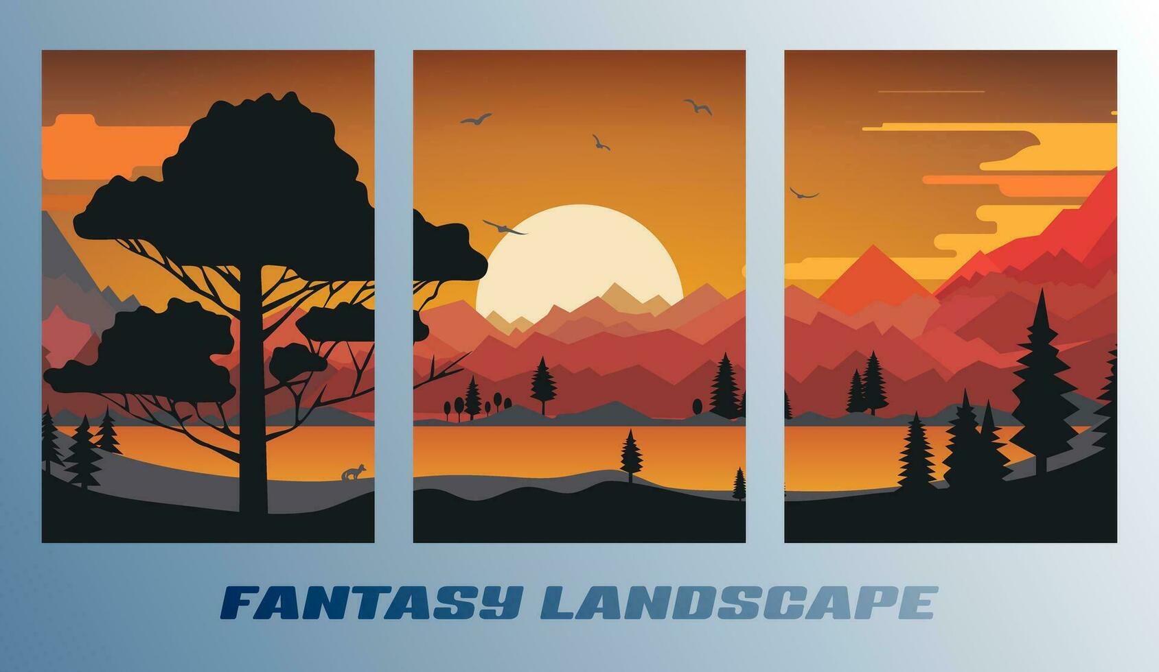 Set of landscape cartoon design posters with the sun and mountains. Vector illustration.